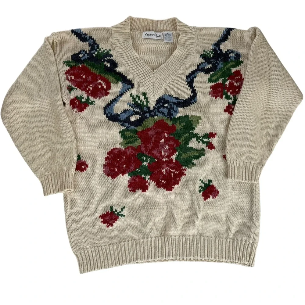 Vintage Alison Craig Women's Cream Floral Rose Ribbon V Neck Knit Sweater Size M